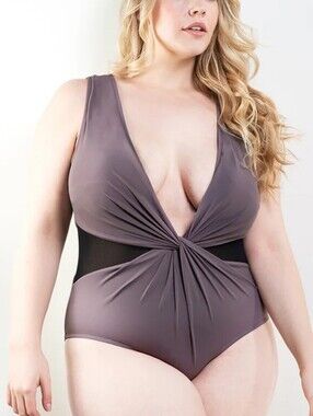 NWT Akoya Harriet Knotted Plunge One Piece Swim Suit Purple w Mesh Plus Size 3X